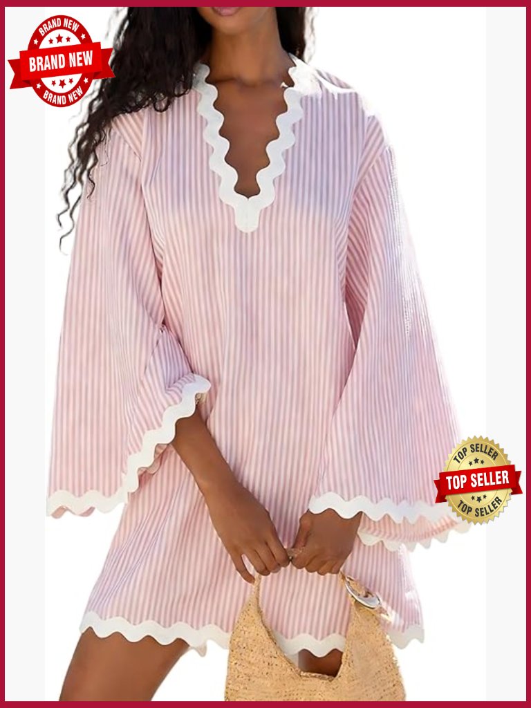 Boho Striped V-Neck Dress Flowy Bell Sleeves Kaftan Beach Cover Up Mini